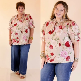 Eco Friendly Material Freshly Picked Floral Print Top with Short Puff Sleeves in Beige