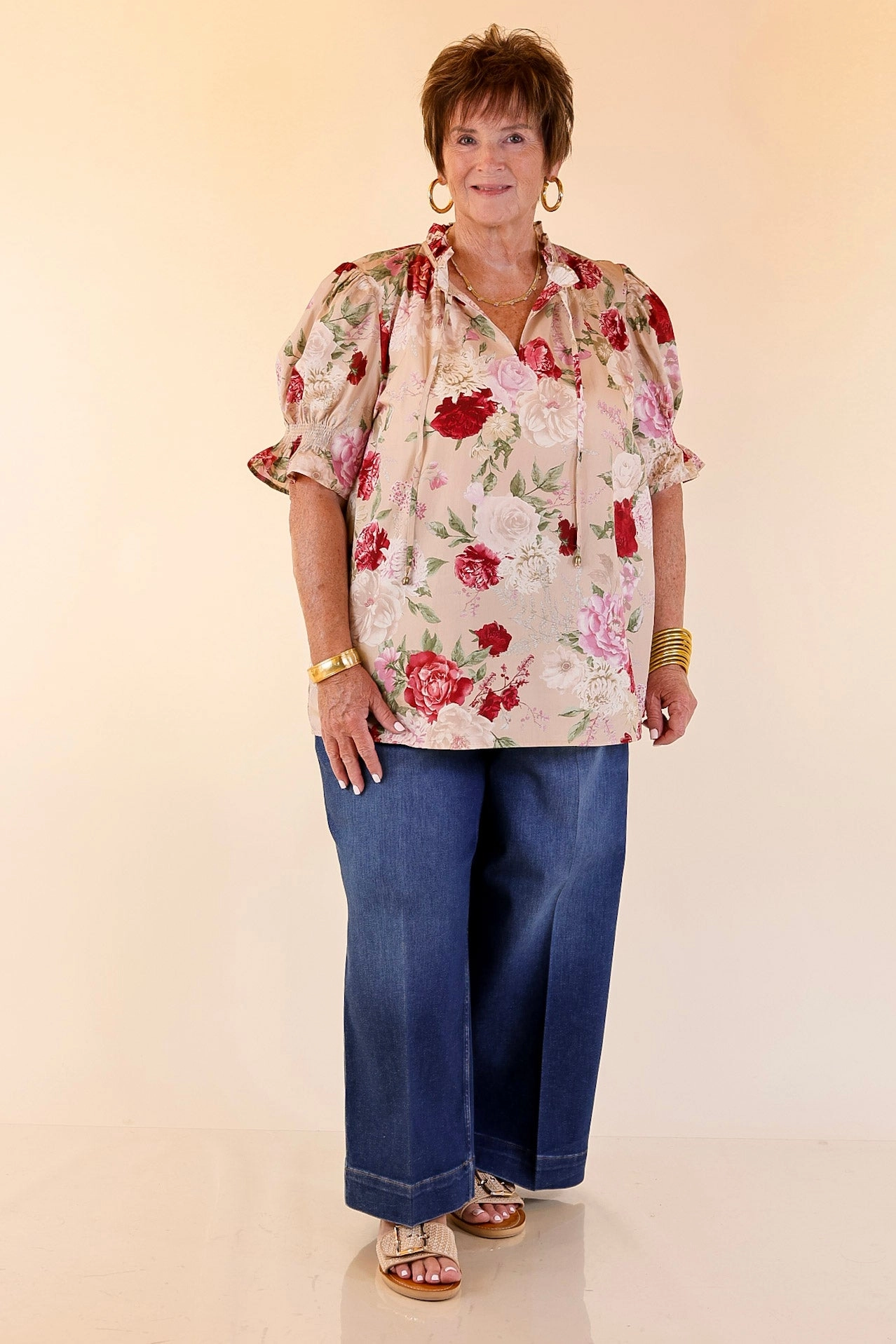 Freshly Picked Floral Print Top with Short Puff Sleeves in Beige Youth fashion tall size