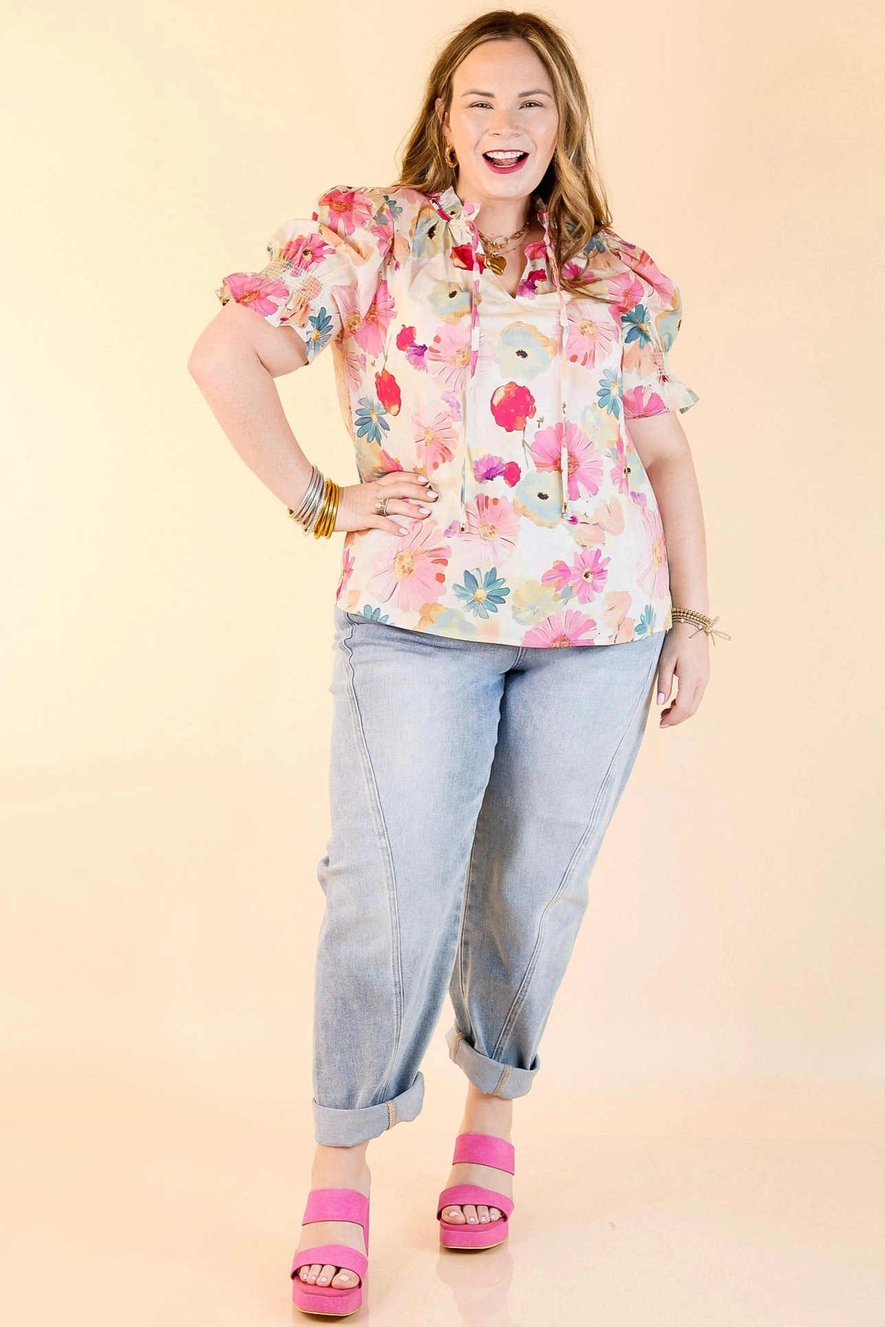 Interview Ready Loose style Freshly Picked Floral Print Top with Short Puff Sleeves in Cream