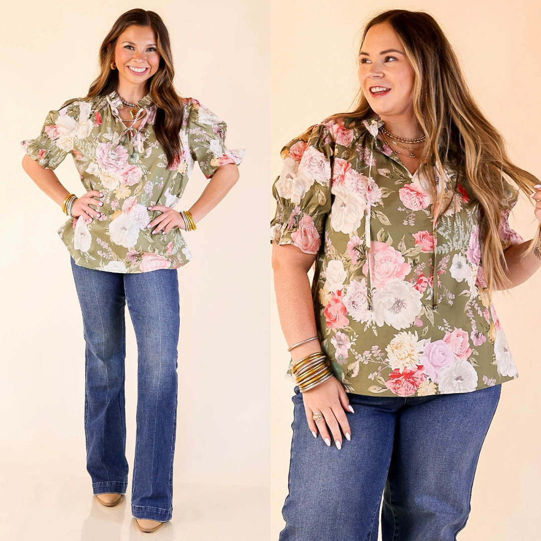 Freshly Picked Floral Print Top with Short Puff Sleeves in Olive Green Seasonal Trend