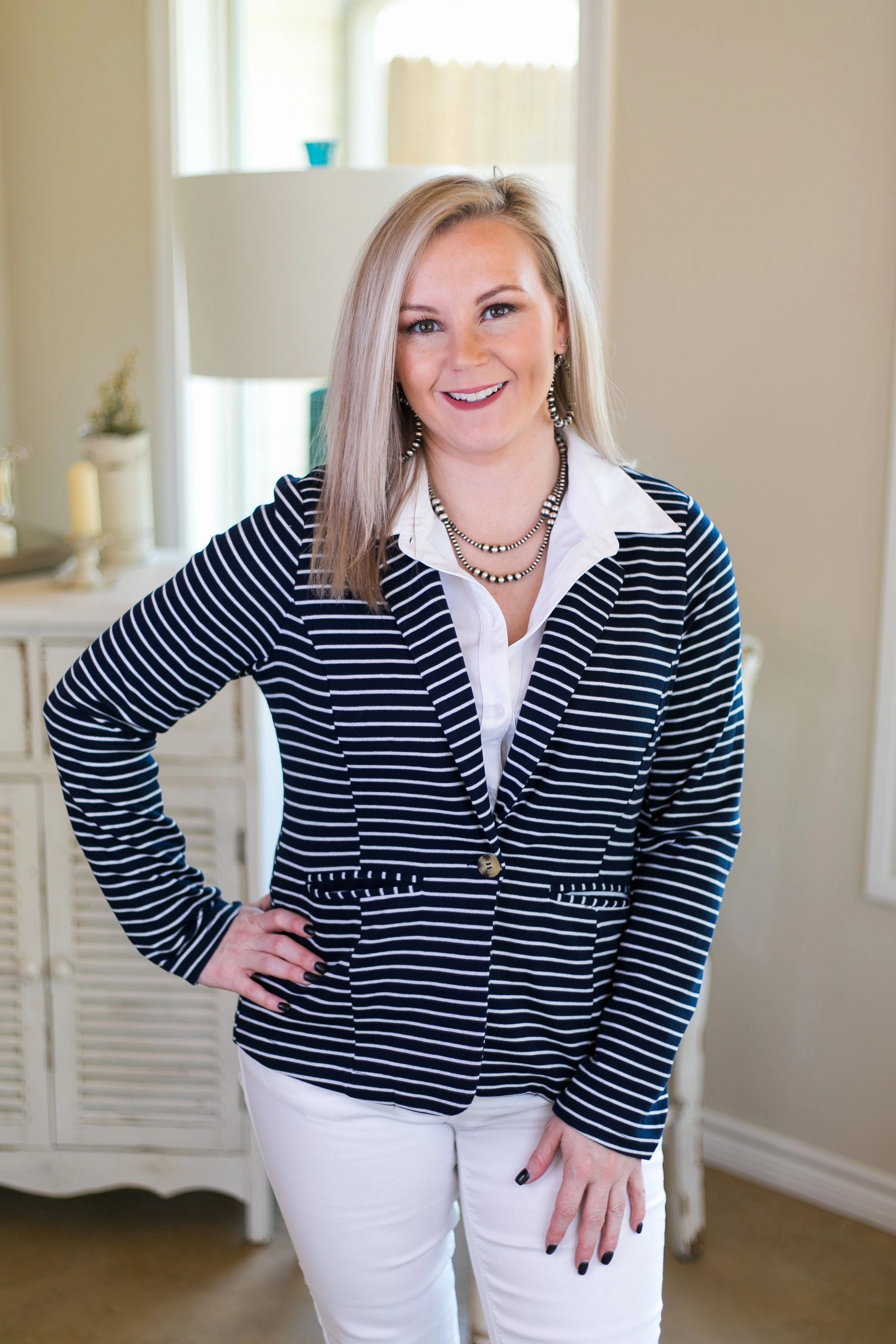Glam Night ShapeRetentionCloth Rumors Around The Office Stripe Blazer in Navy Blue