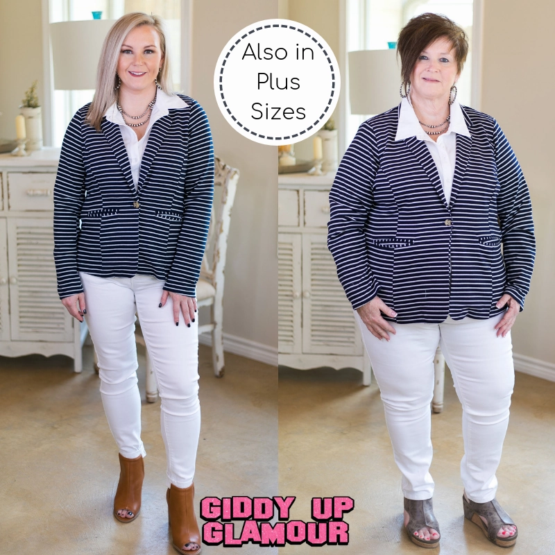 Rumors Around The Office Stripe Blazer in Navy Blue Beach Ease winter clothing
