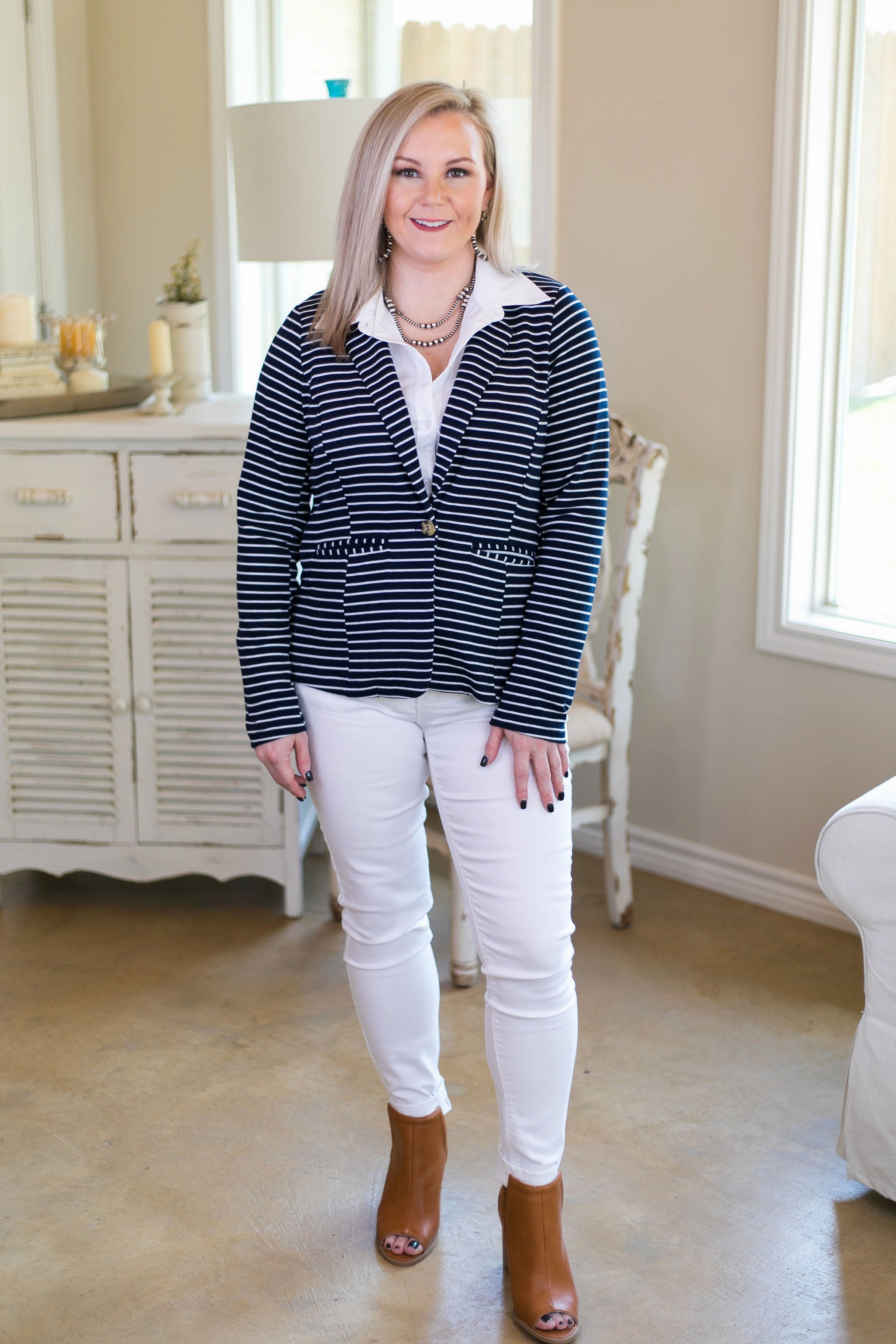 Rumors Around The Office Stripe Blazer in Navy Blue Net Fit