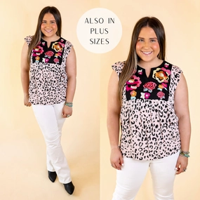 Always a Lady Ruffle Cap Sleeve Top with Embroidered Yoke in Blush Pink Leopard Print DurableSeams AdjustableCuffs