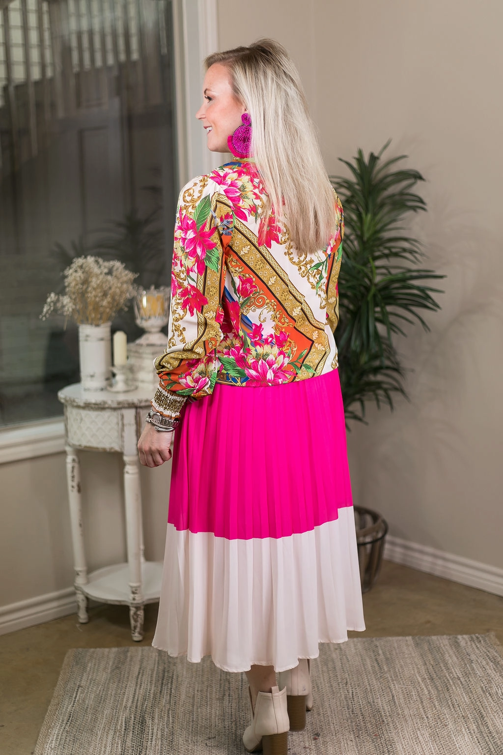 LayeredPaneling Bright Outlook Color Block High Waist Pleated Midi Skirt in Hot Pink