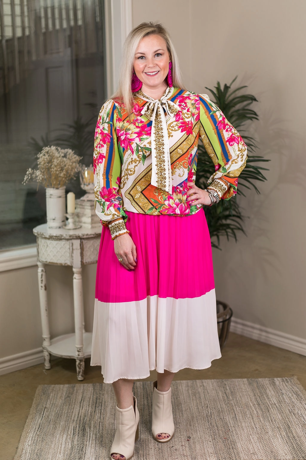 FrictionResistant Smooth Yarn Bright Outlook Color Block High Waist Pleated Midi Skirt in Hot Pink