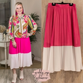 Bright Outlook Color Block High Waist Pleated Midi Skirt in Hot Pink Joy Ease