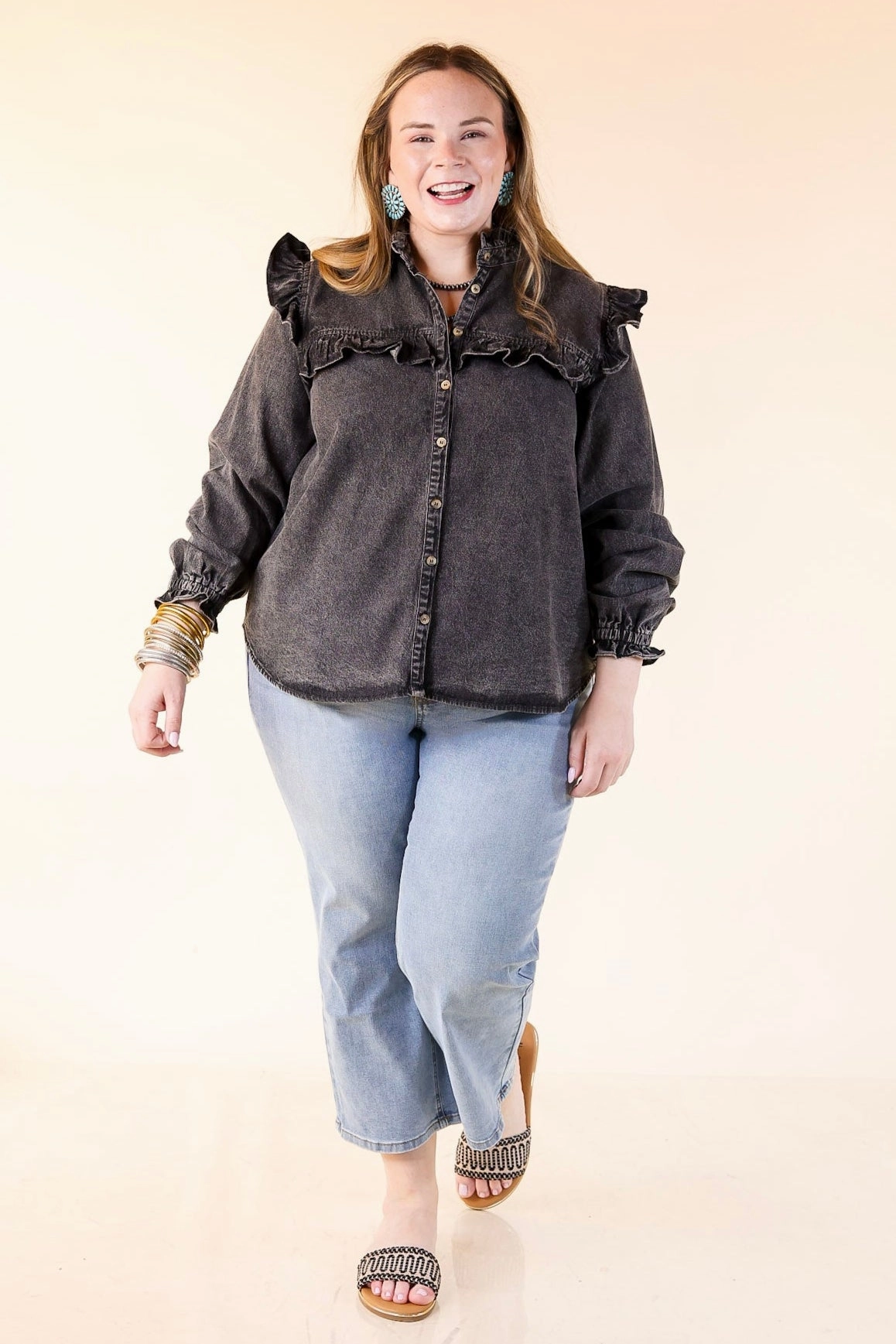 Full of Affection Ruffle Detail Button Up Long Sleeve Denim Top in Black Ergonomic Back Panel Breathable mesh