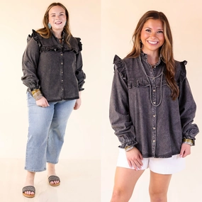 Lightweight Fabric tailored look Full of Affection Ruffle Detail Button Up Long Sleeve Denim Top in Black