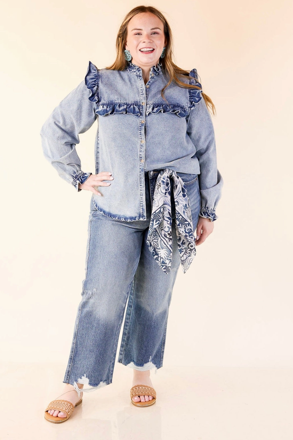 Casual Friday Sleek Fit Full of Affection Ruffle Detail Button Up Long Sleeve Denim Top in Light Wash