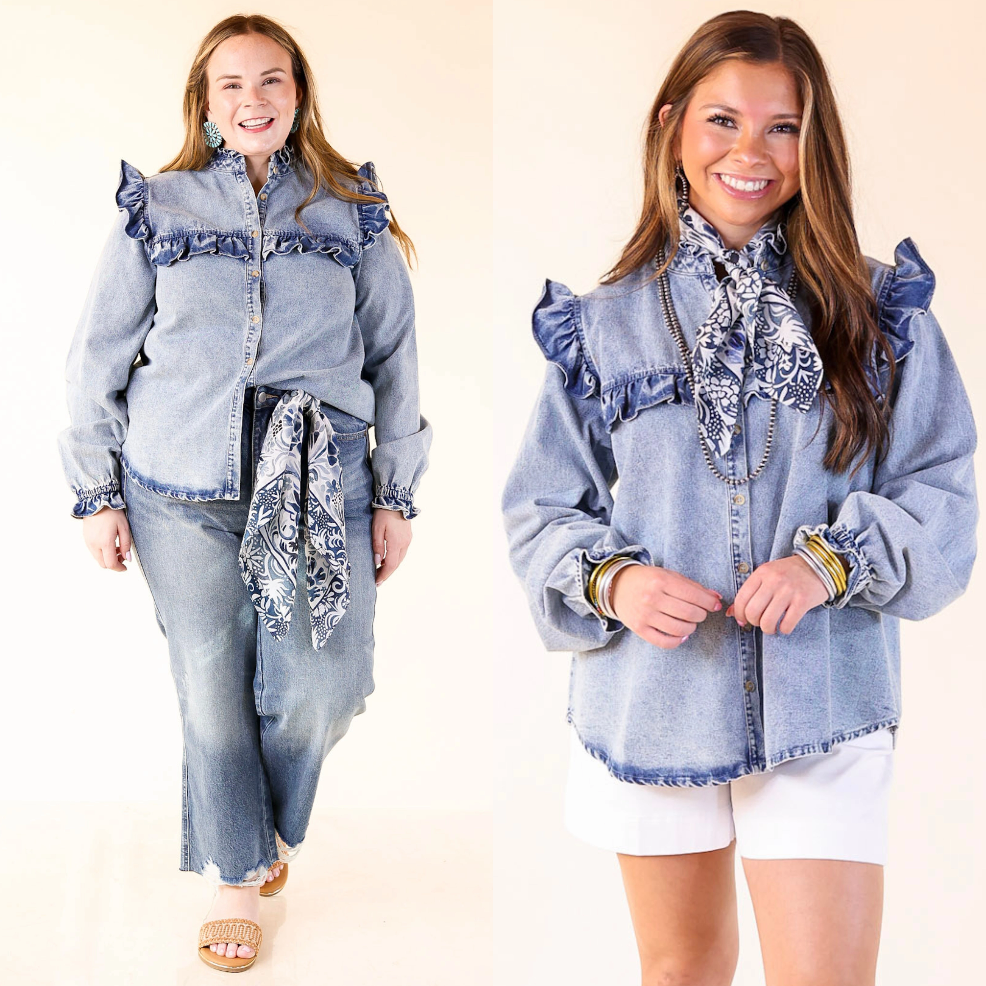 Grace Ease Full of Affection Ruffle Detail Button Up Long Sleeve Denim Top in Light Wash