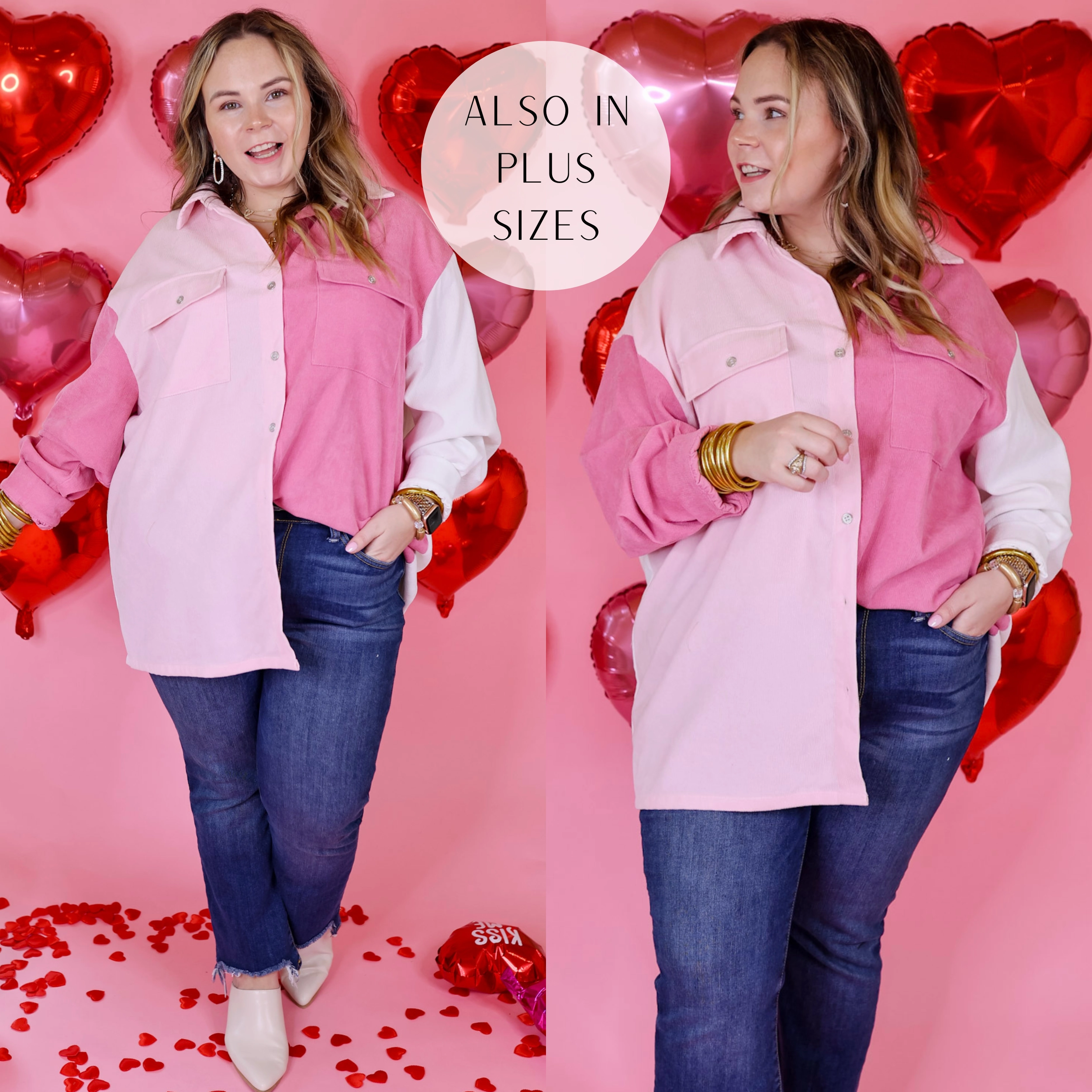 Stylish Jeans Wide Glow Full of Fun Color Block Button Up Shacket in Pink Mix