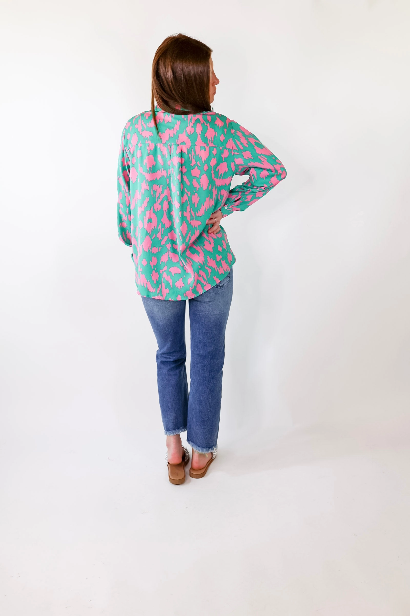 Fun and Adventurous Button Up Top With Pink Abstract Leopard Print In Green Nature Base Convertible Style