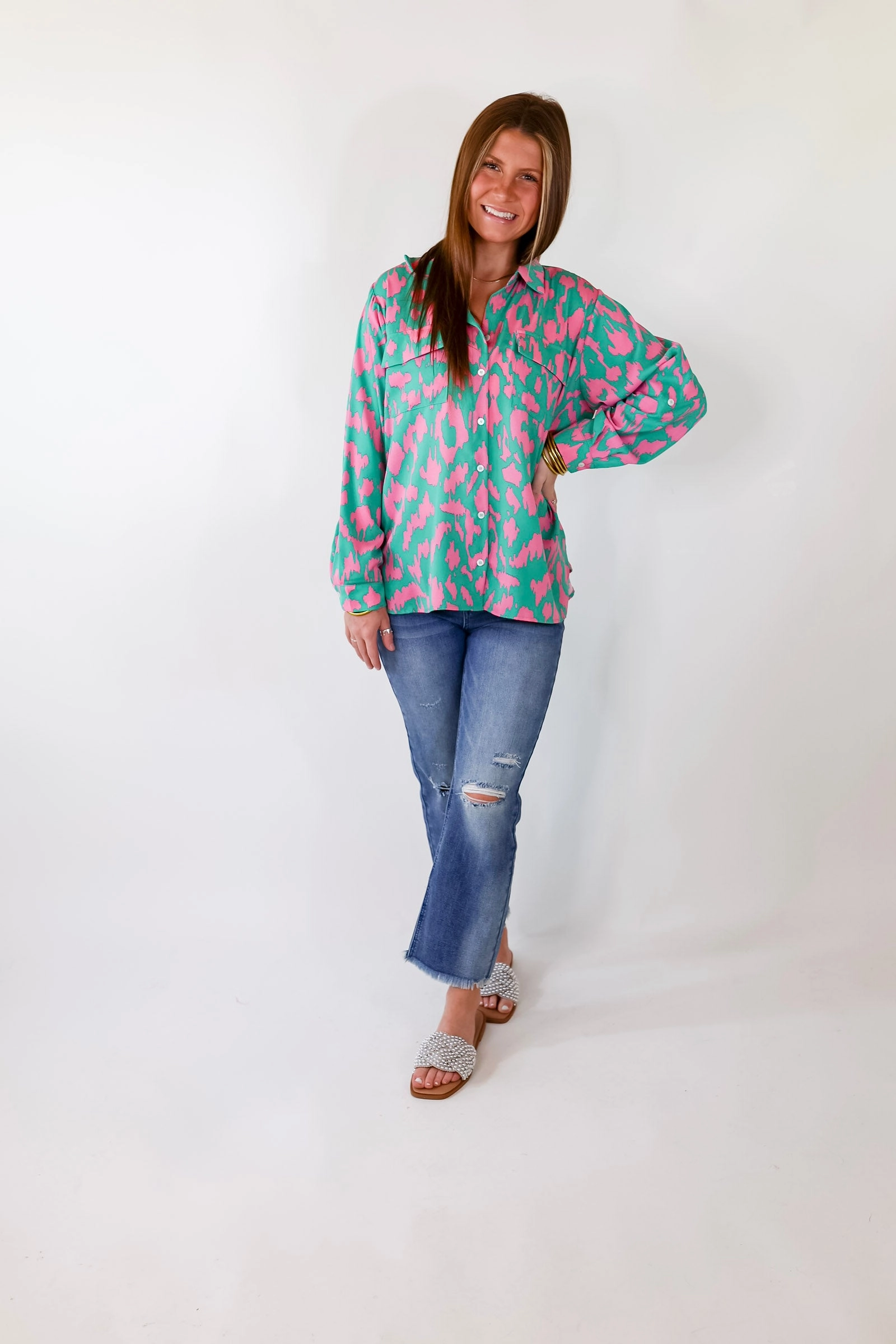 Fun and Adventurous Button Up Top With Pink Abstract Leopard Print In Green Silent Mood Stretchable Waistband