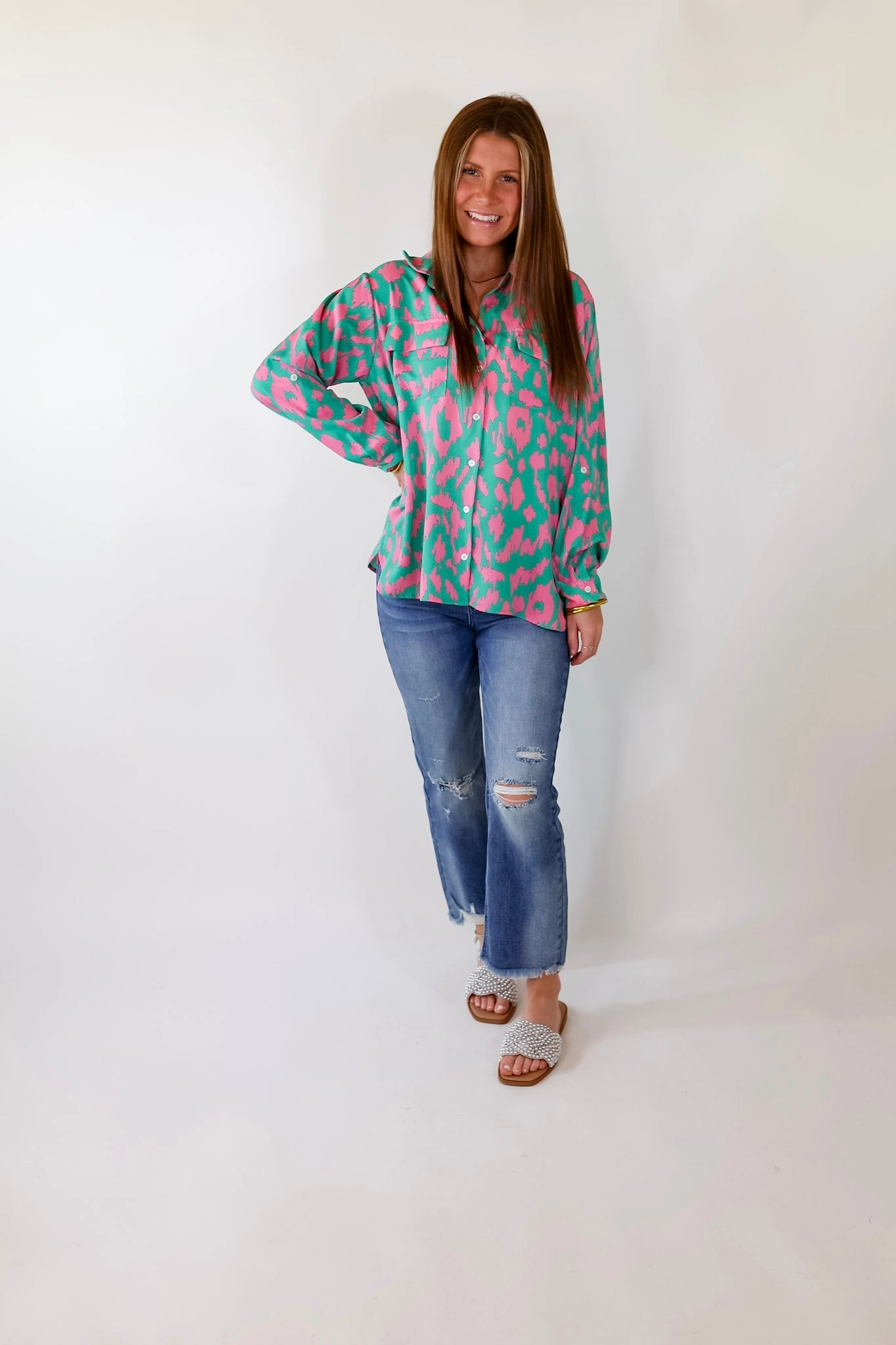 Snow Core Fresh Glow Fun and Adventurous Button Up Top With Pink Abstract Leopard Print In Green