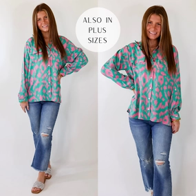 Stretchable Fabric Fun and Adventurous Button Up Top With Pink Abstract Leopard Print In Green
