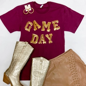 Gameday Gold Sequin Letter Short Sleeve Graphic Tee in Maroon QuickReleaseFastenings