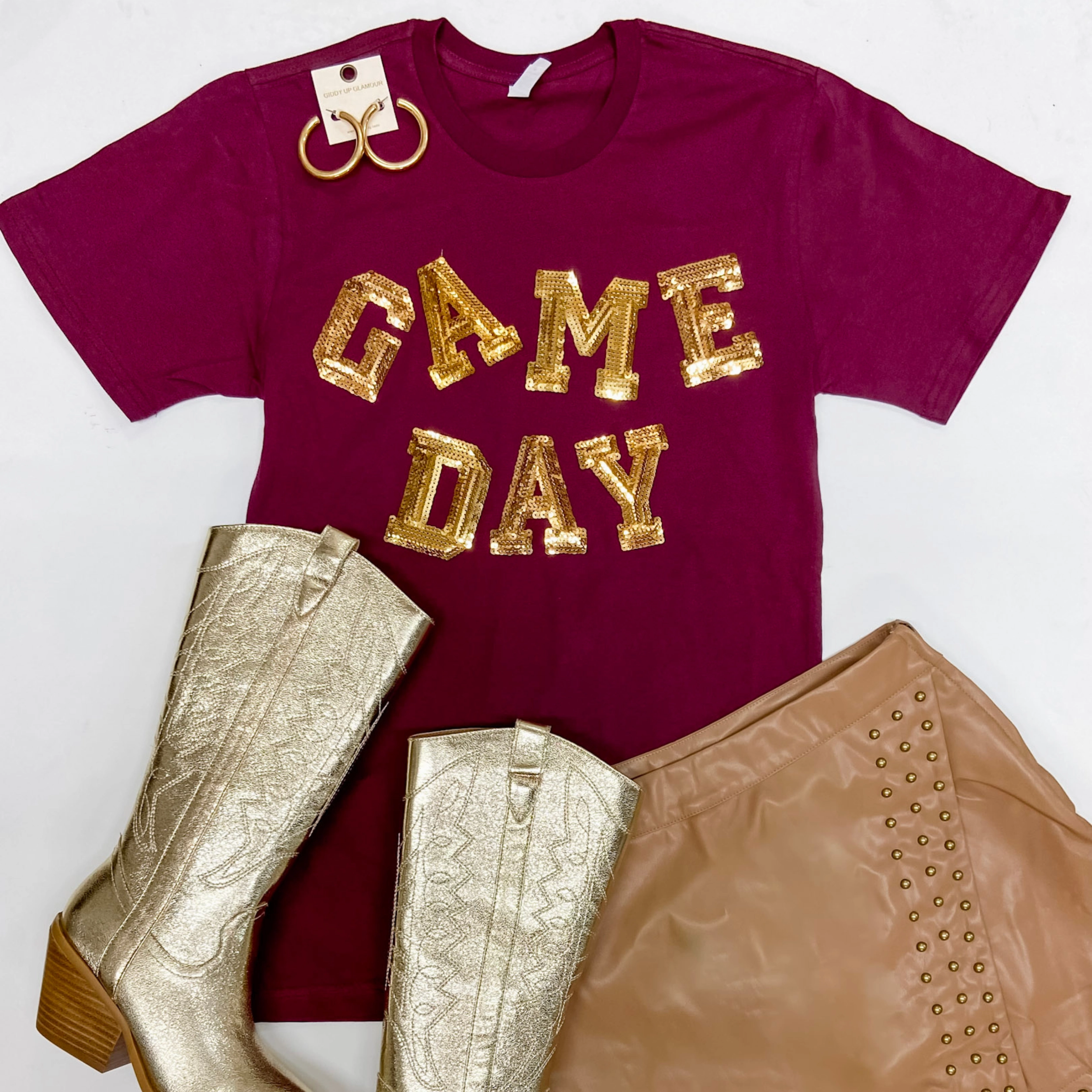 Gameday Gold Sequin Letter Short Sleeve Graphic Tee in Maroon QuickReleaseFastenings