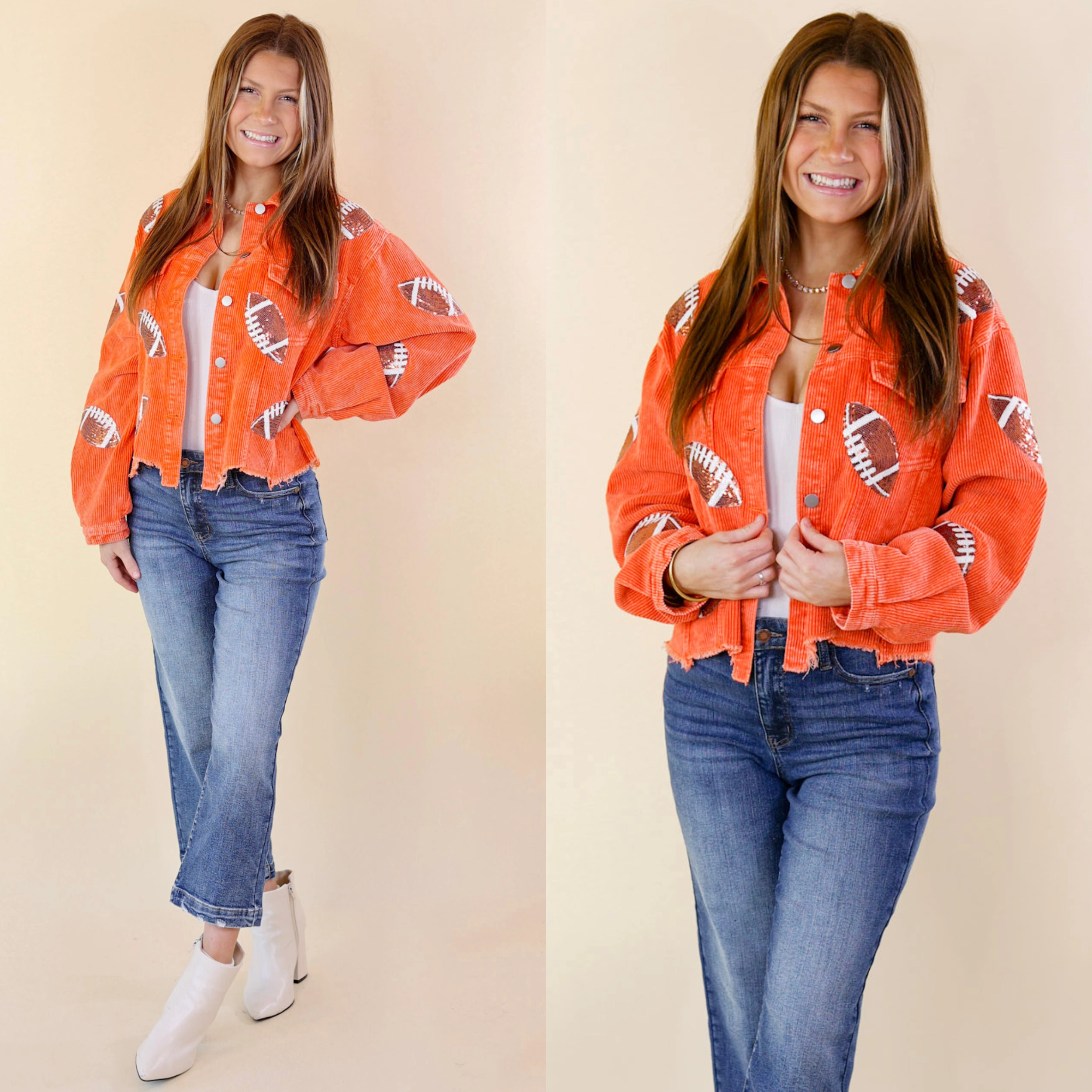 Gameday Ready Corduroy Shacket with Sequin Football Patches in Orange QuickRelease