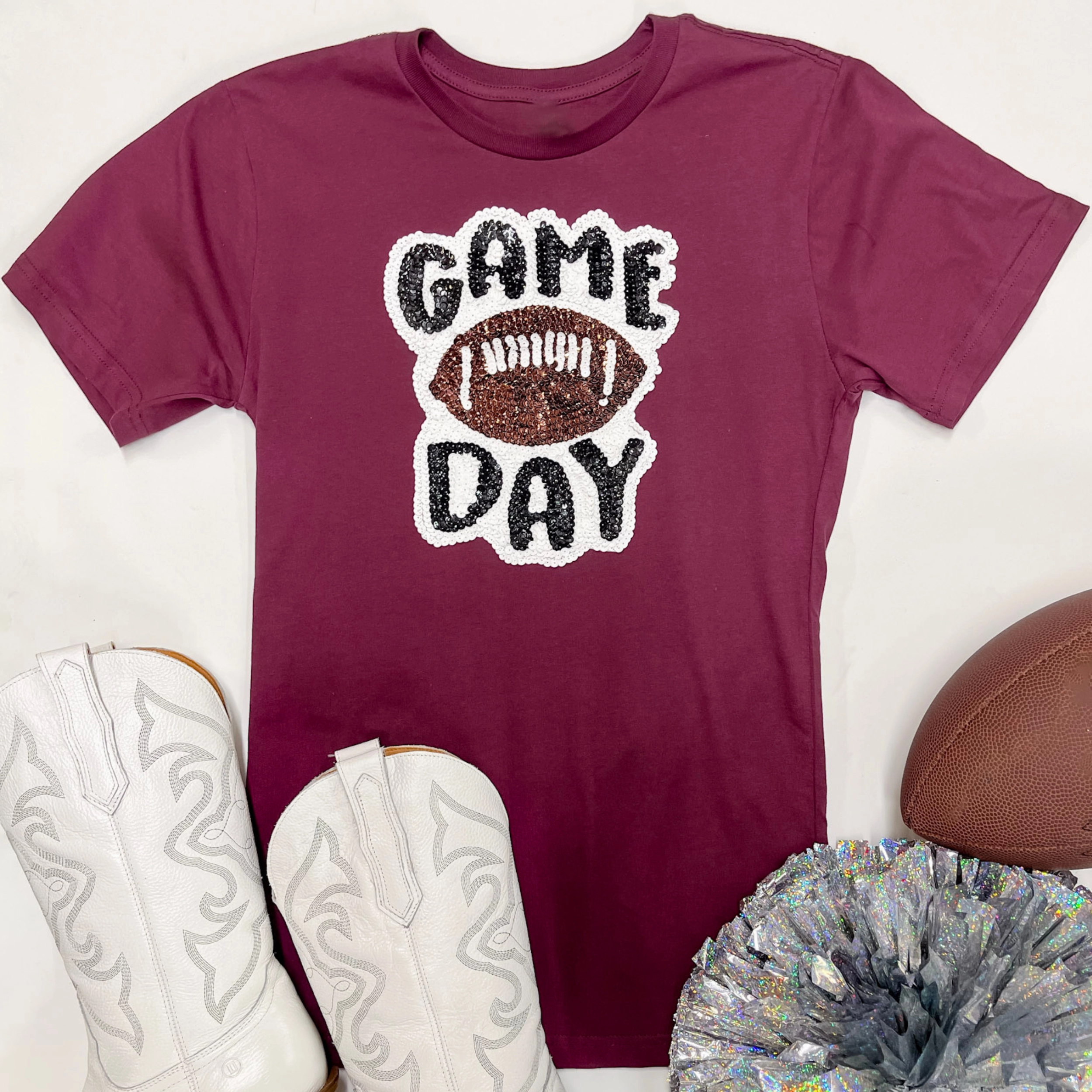 Formal Wear Gameday Sequin Patch Football Short Sleeve Graphic Tee in Maroon