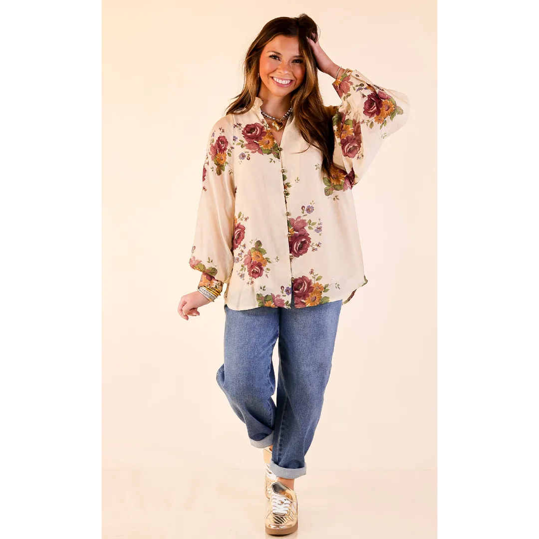 Casual Button-Down Garden Stroll Floral Long Sleeve Button Down Top in Cream