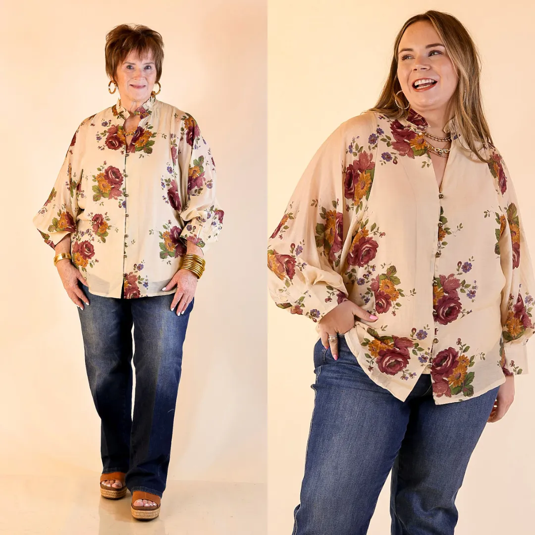 Garden Stroll Floral Long Sleeve Button Down Top in Cream NonChafing Fabric