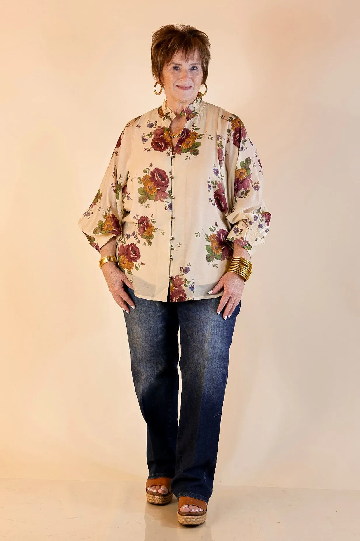 Garden Stroll Floral Long Sleeve Button Down Top in Cream SoftLining