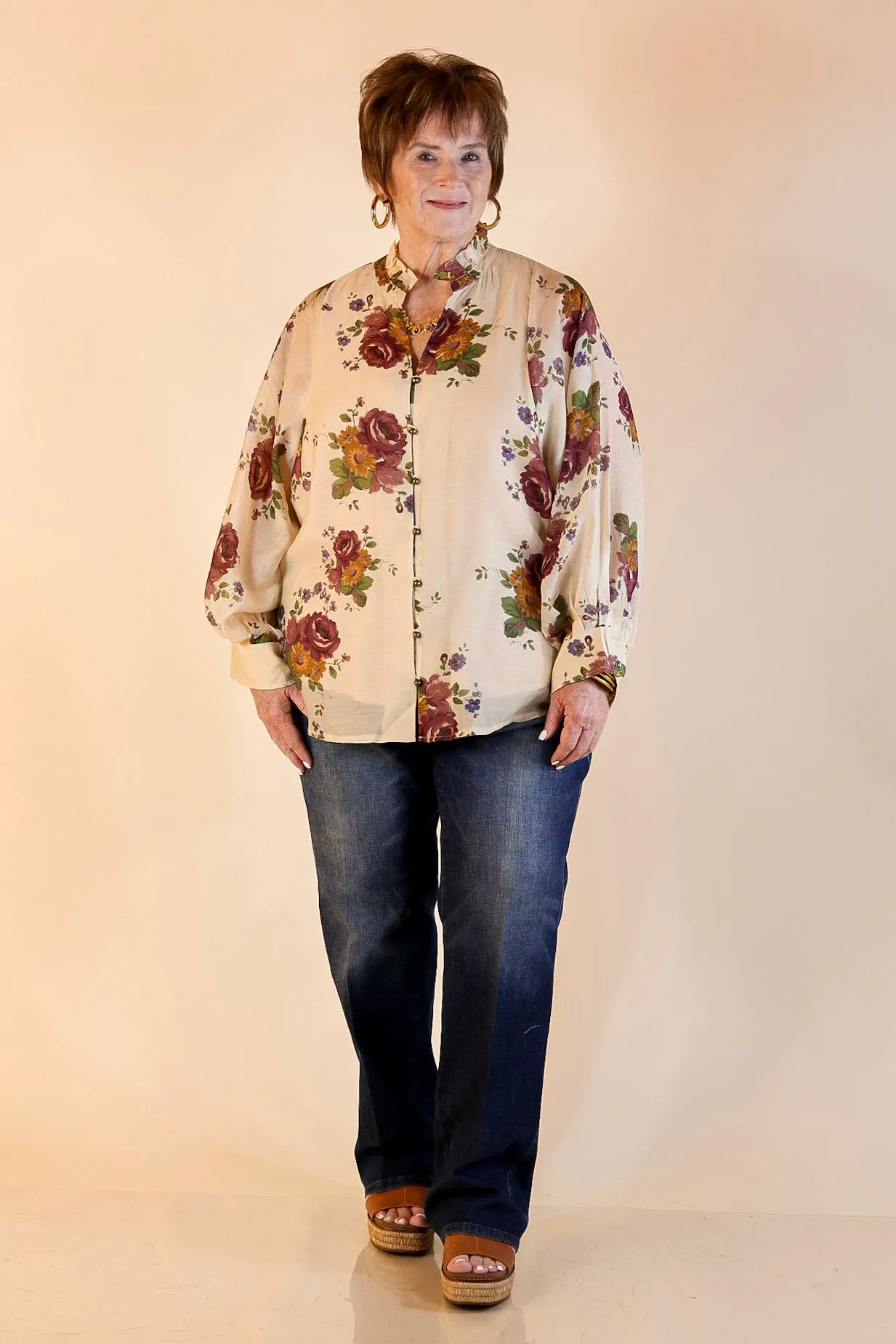 Garden Stroll Floral Long Sleeve Button Down Top in Cream AntiOdorTechnology