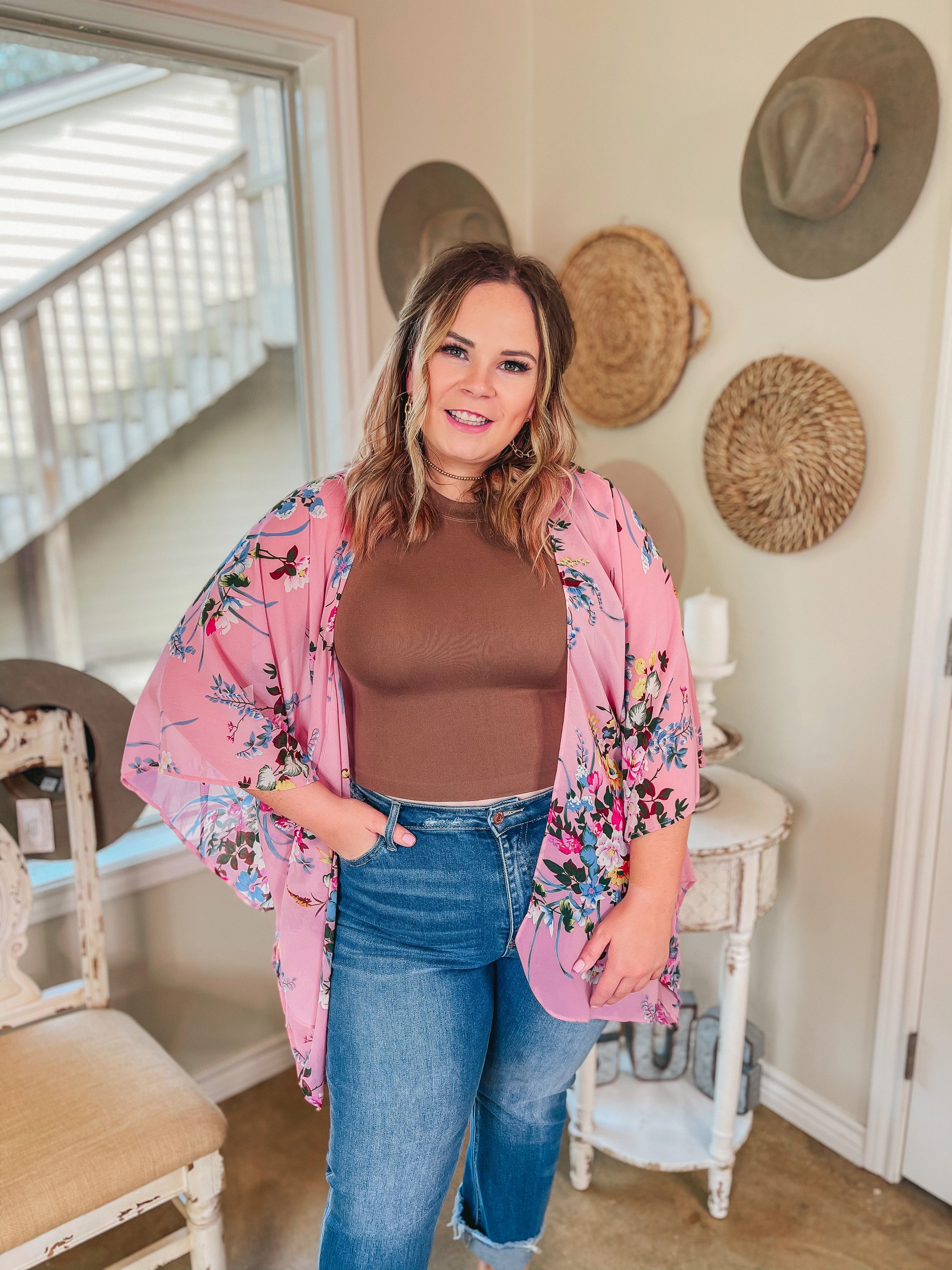 River Flow Future Glow Garden Kisses Open Front Floral Kimono in Light Pink