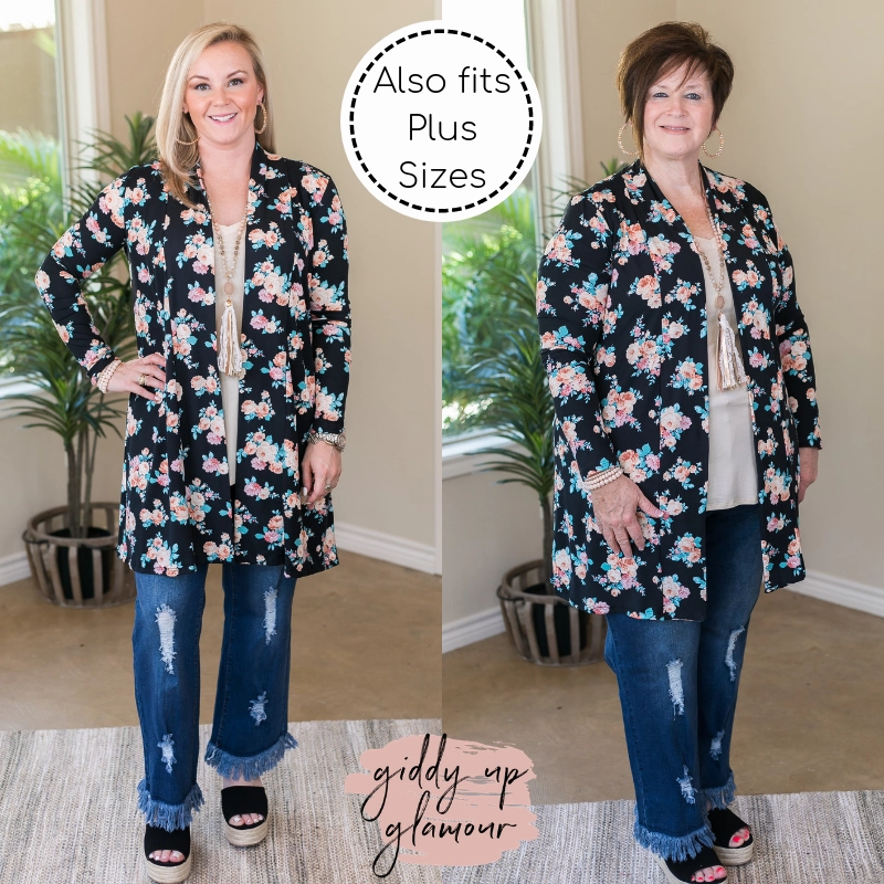 Garden Party Floral Print Super Soft Cardigan in Black ReinforcedHem Recycled Polyester Blend
