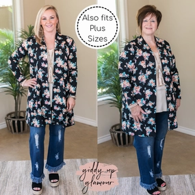 Garden Party Floral Print Super Soft Cardigan in Black ReinforcedHem Recycled Polyester Blend