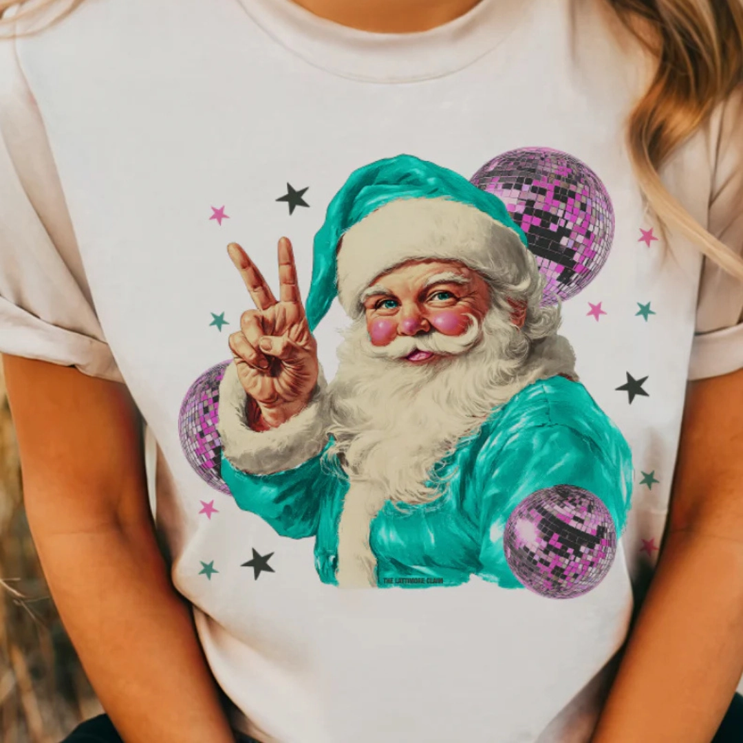 Online Exclusive | Disco Santa Peace Hand Graphic Tee in Cream Colorfast Material Seam Free Back
