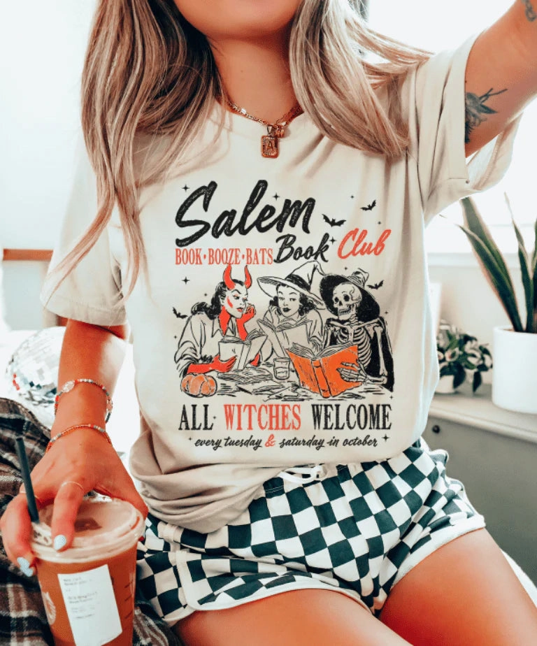 Online Exclusive | Salem Book Club Halloween Graphic on Short Sleeve Tee Shirt in Cream Slim Waist Quick Comfort