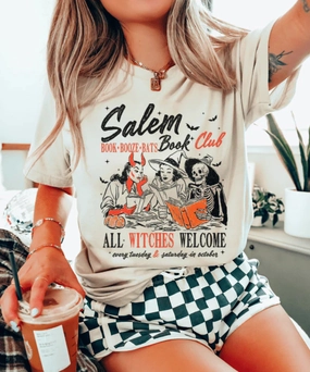 Ruffled edges Eco Friendly Dye Online Exclusive | Salem Book Club Halloween Graphic on Short Sleeve Tee Shirt in Cream