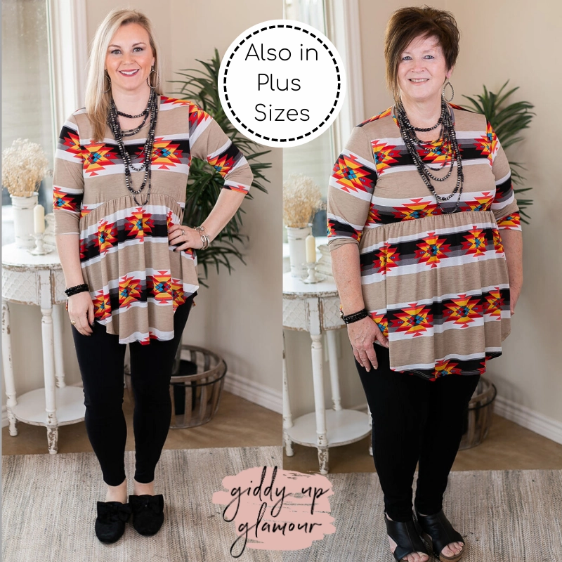 Last Chance Size Small | As You Wish Aztec Print Baby Doll Top in Tan and Black Beauty Glow AntiPilling Finish