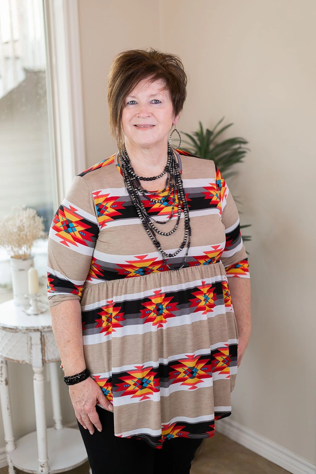 Warm Hoodie Last Chance Size Small | As You Wish Aztec Print Baby Doll Top in Tan and Black