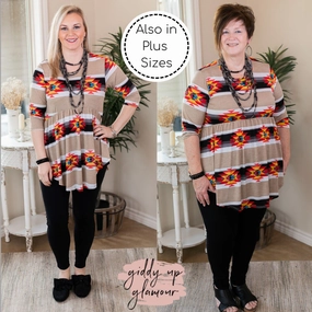 Last Chance Size Small | As You Wish Aztec Print Baby Doll Top in Tan and Black Beauty Glow AntiPilling Finish