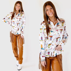 ThermalRegulating Fabric Get 'Em Girl Cowboy Boot Print Button Up Long Sleeve Top in White