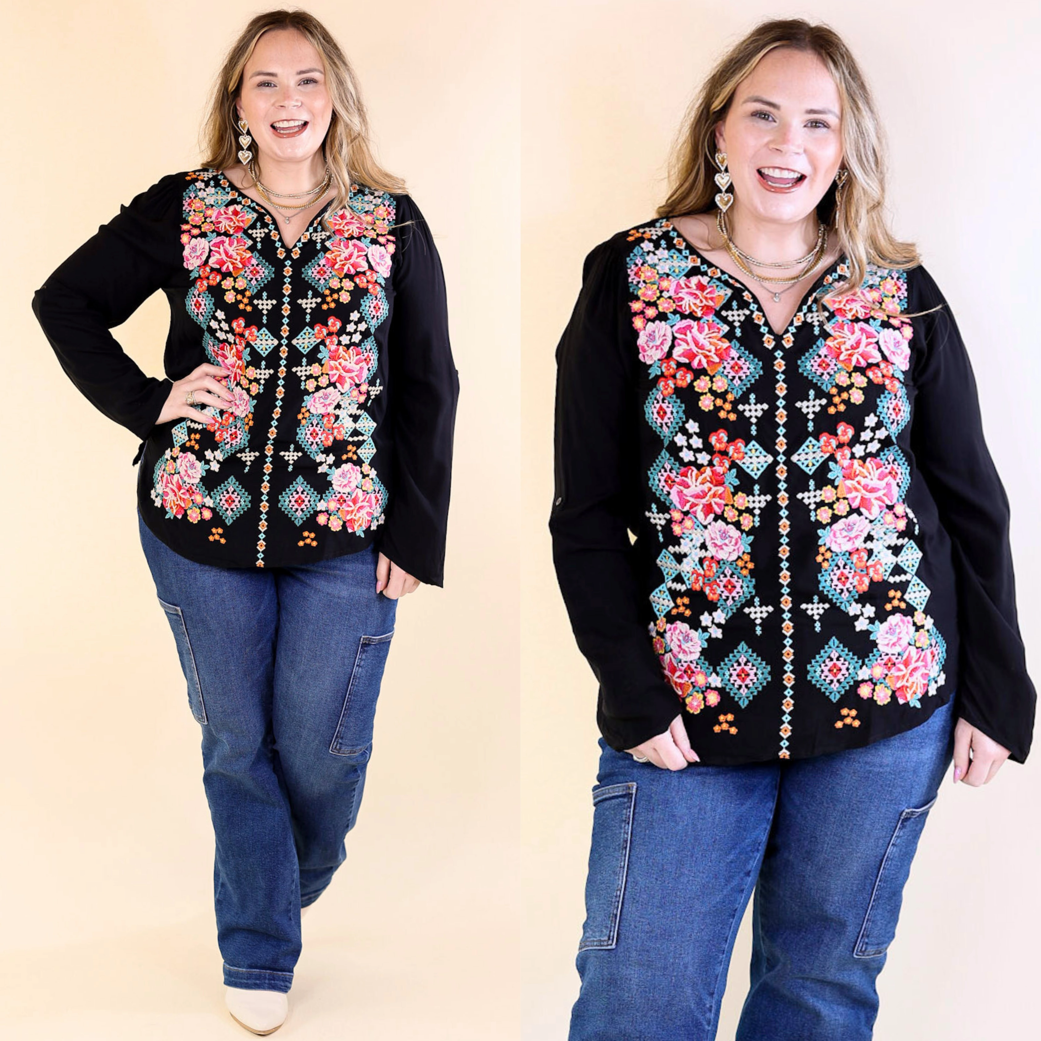 Petal Sleeve Architecture Antimicrobial Treatment Give Me Grace Embroidered Long Sleeve Top with Notched Neck in Black