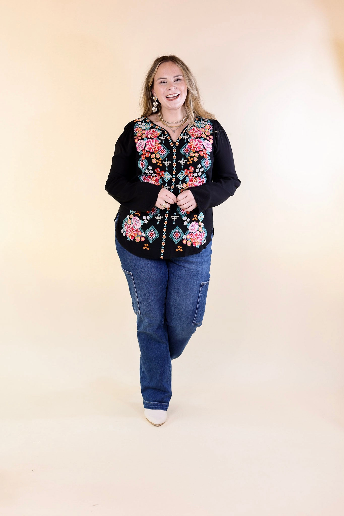 Give Me Grace Embroidered Long Sleeve Top with Notched Neck in Black Flexible Knit Blend