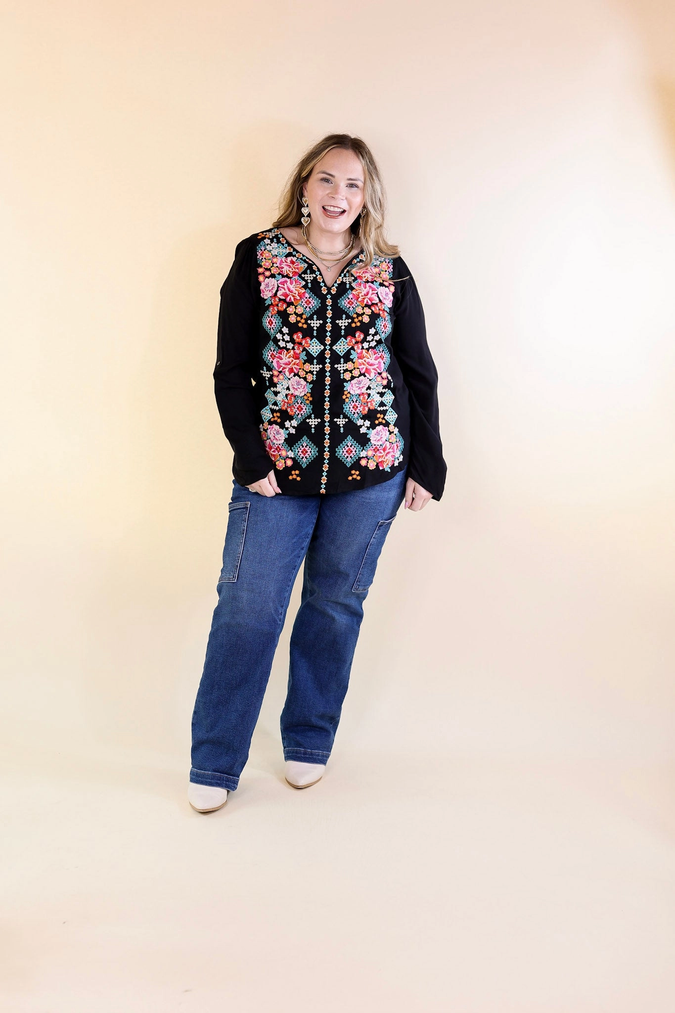 StaticResistantFabric Give Me Grace Embroidered Long Sleeve Top with Notched Neck in Black