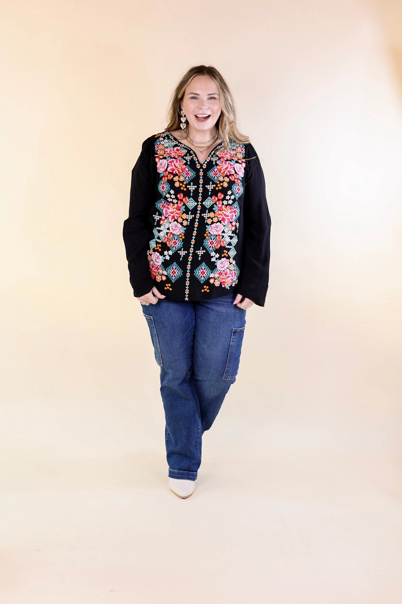 Give Me Grace Embroidered Long Sleeve Top with Notched Neck in Black Minimalist Silhouette Cut