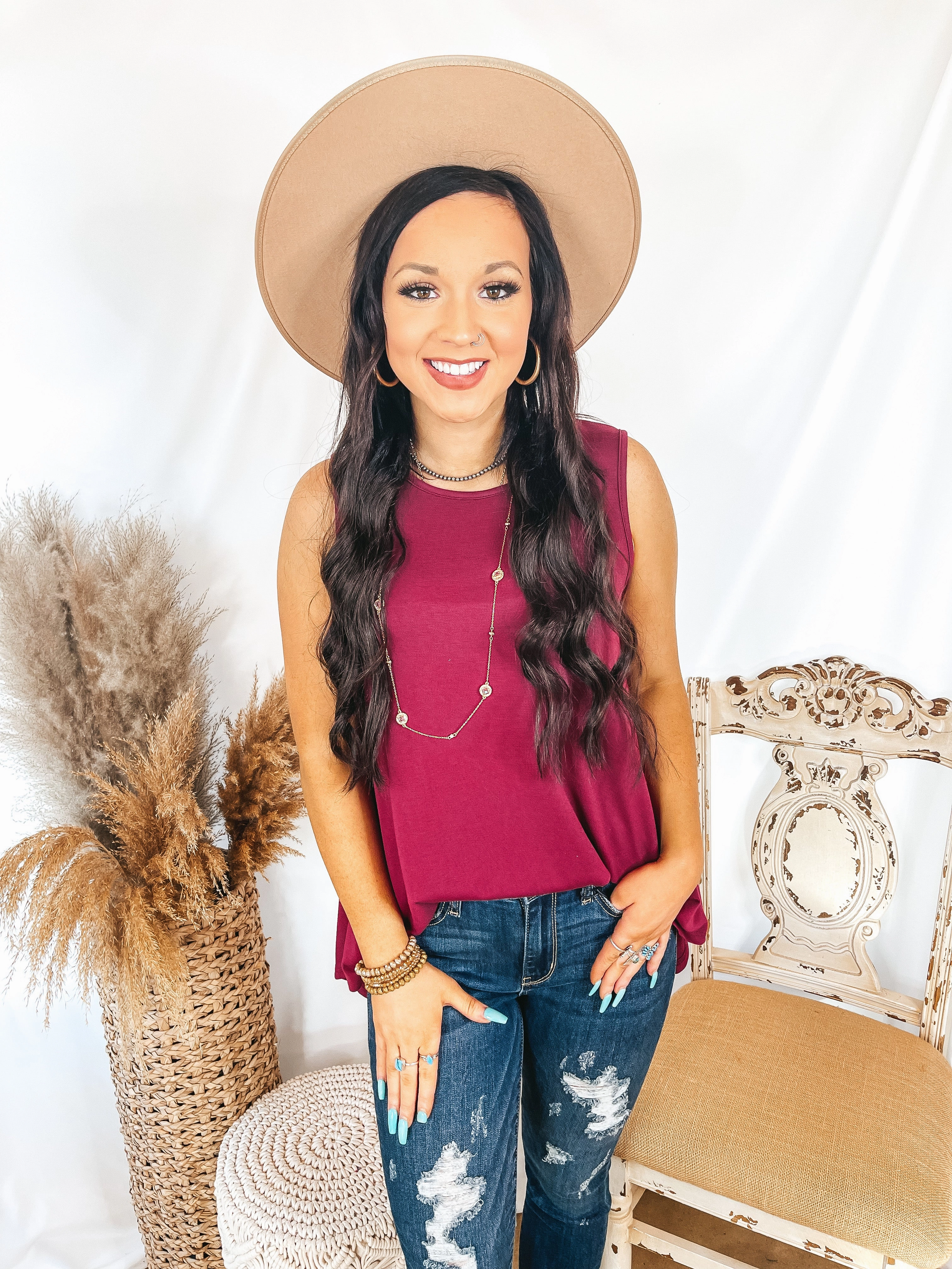 Group Mood DurableSeams Give Me Joy Solid Knit A-Line Tank Top in Maroon