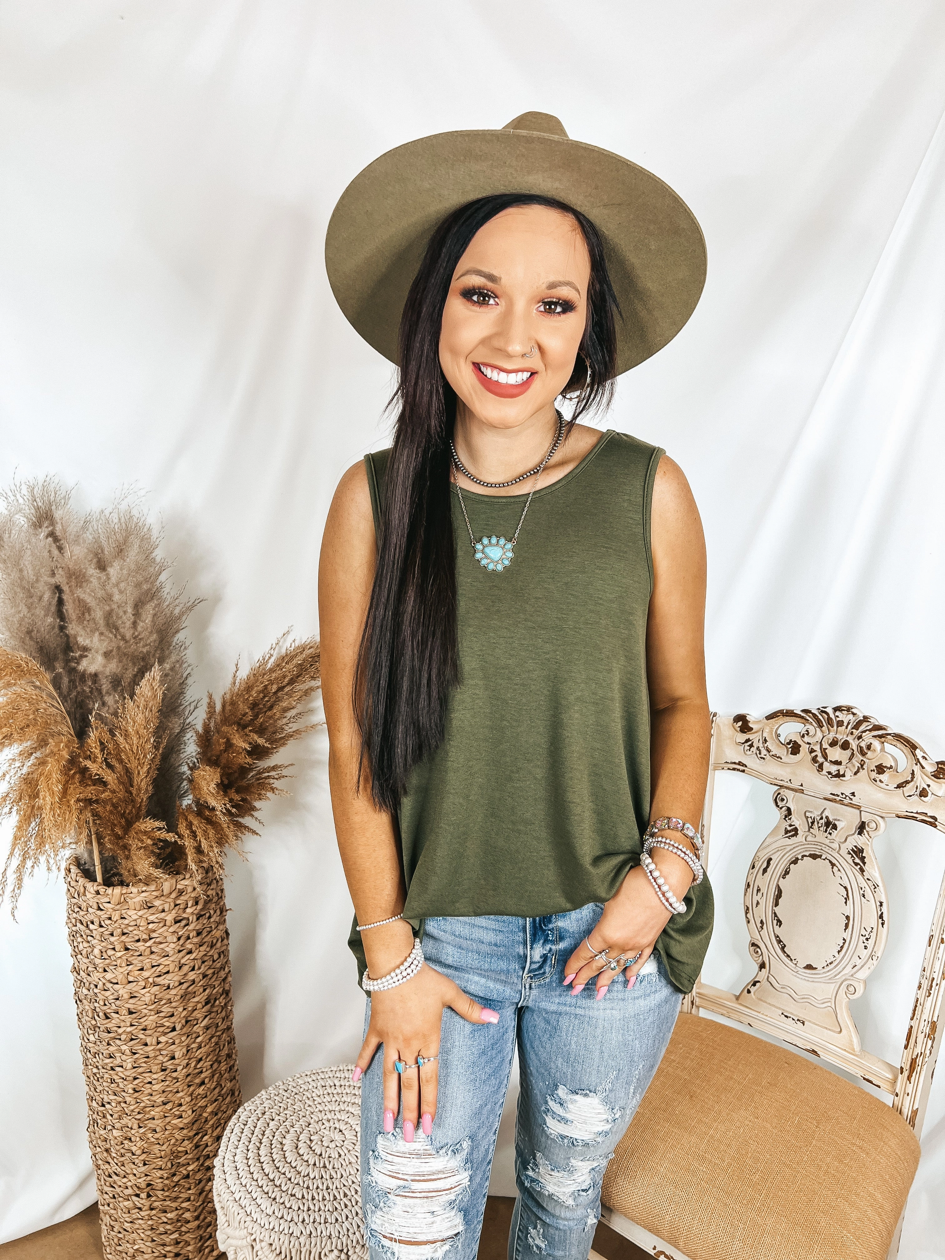 Sustainable production Give Me Joy Solid Knit A-Line Tank Top in Olive Green