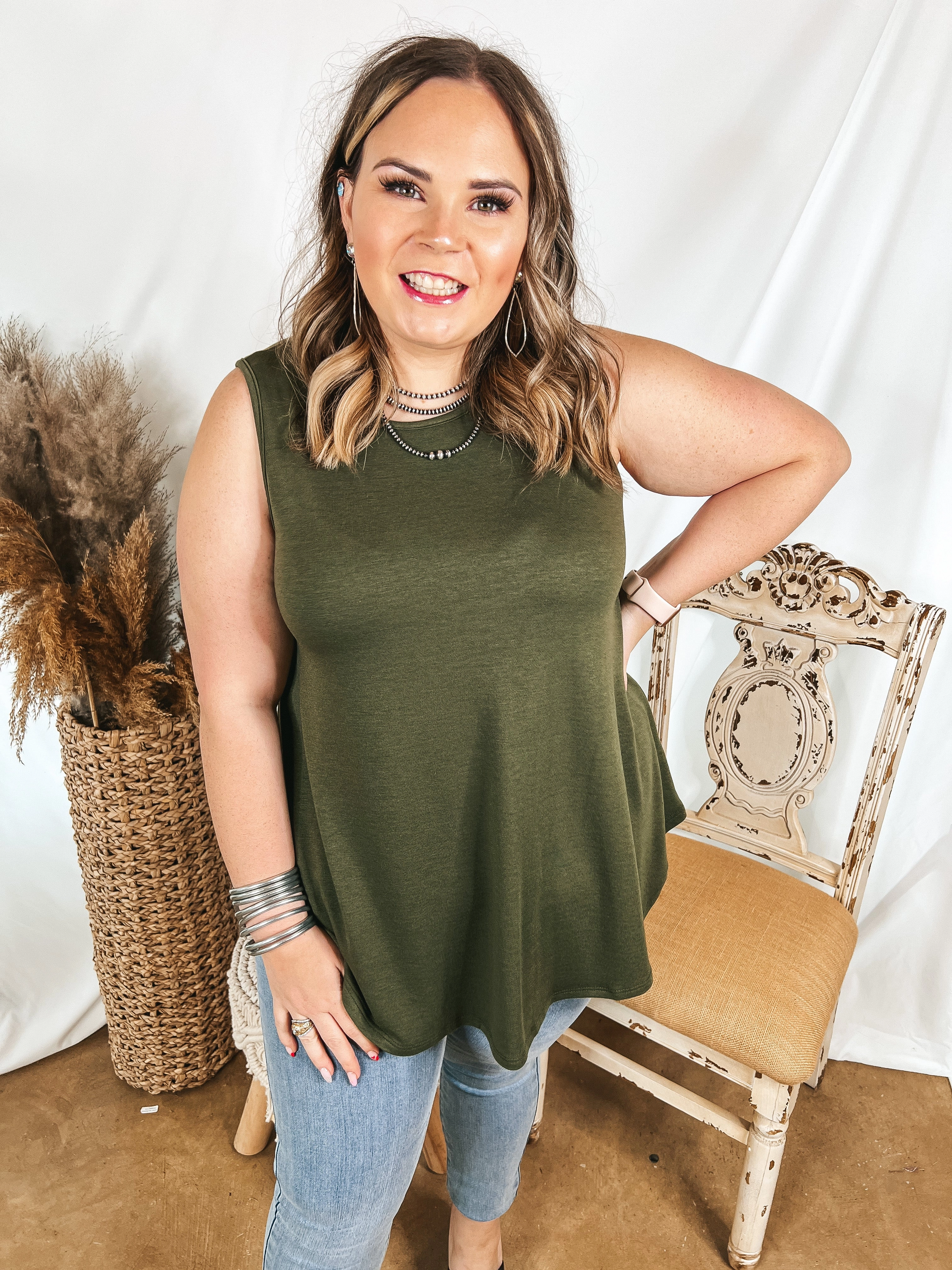 Flexible Apparel Give Me Joy Solid Knit A-Line Tank Top in Olive Green