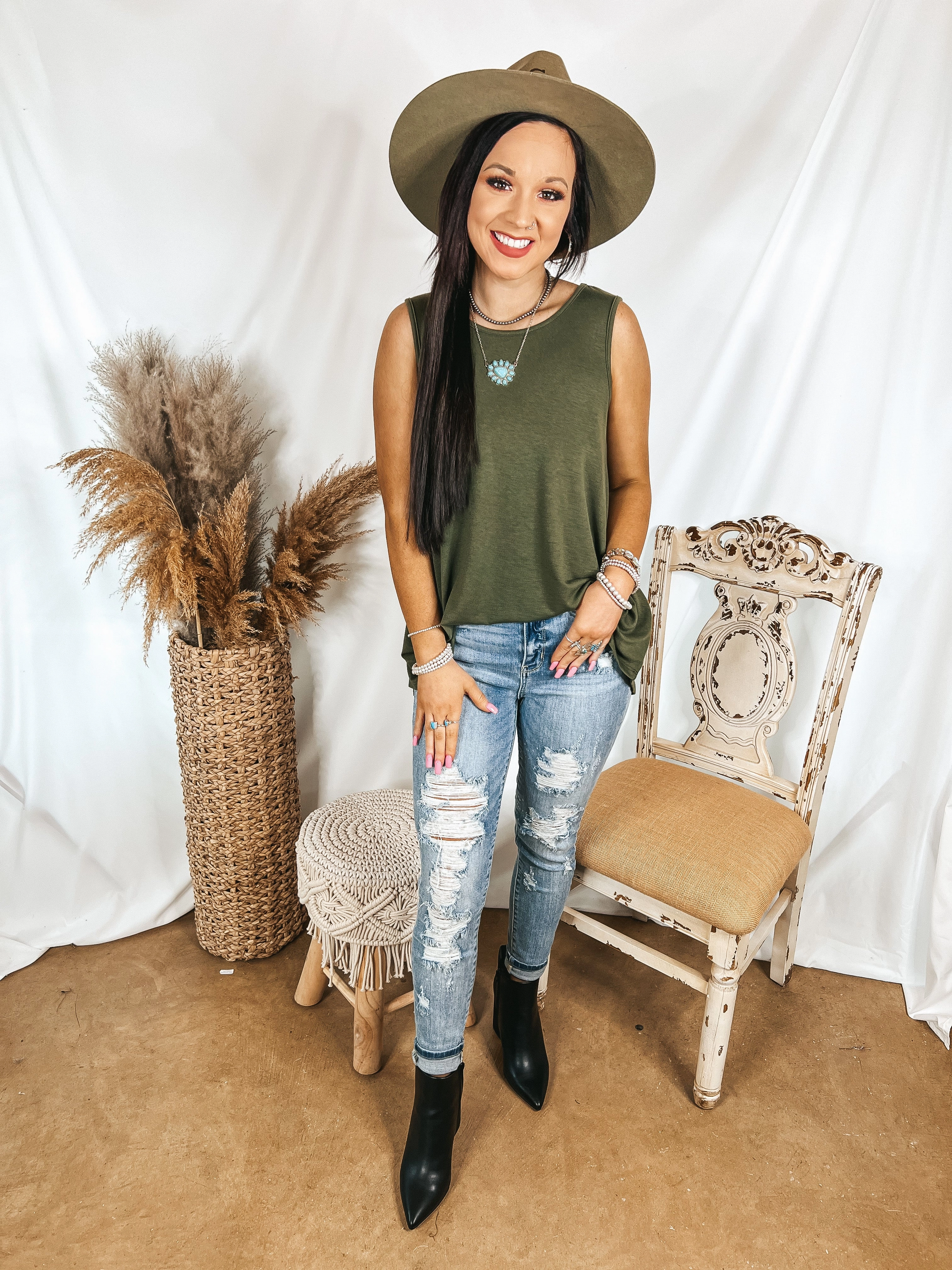 AirflowOptimized ChafeFree Design Give Me Joy Solid Knit A-Line Tank Top in Olive Green