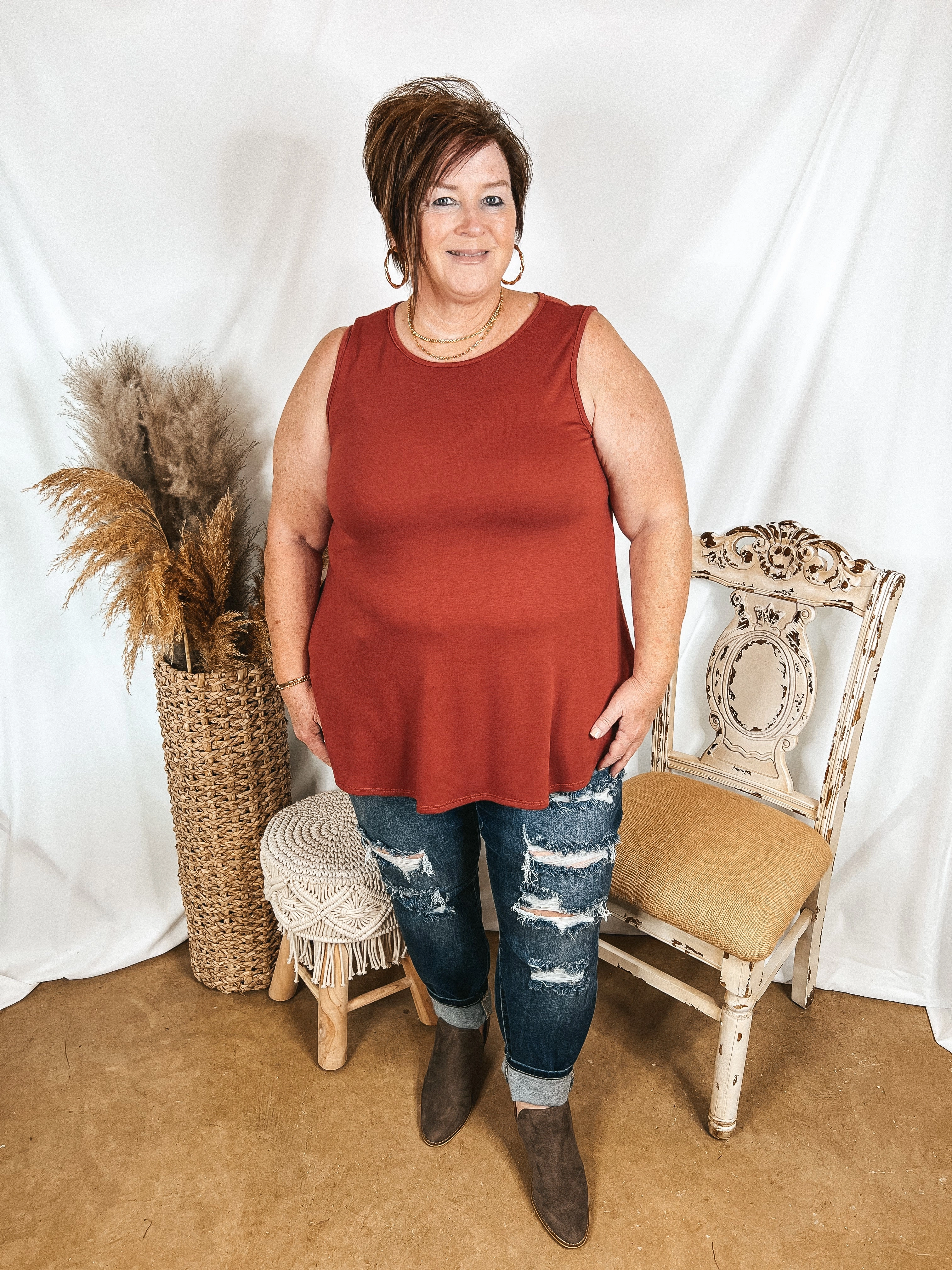 Give Me Joy Solid Knit A-Line Tank Top in Rust Red Conscious Core