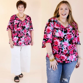 High Density Weave Giving You More Pink Floral Print V Neck Blouse in Black