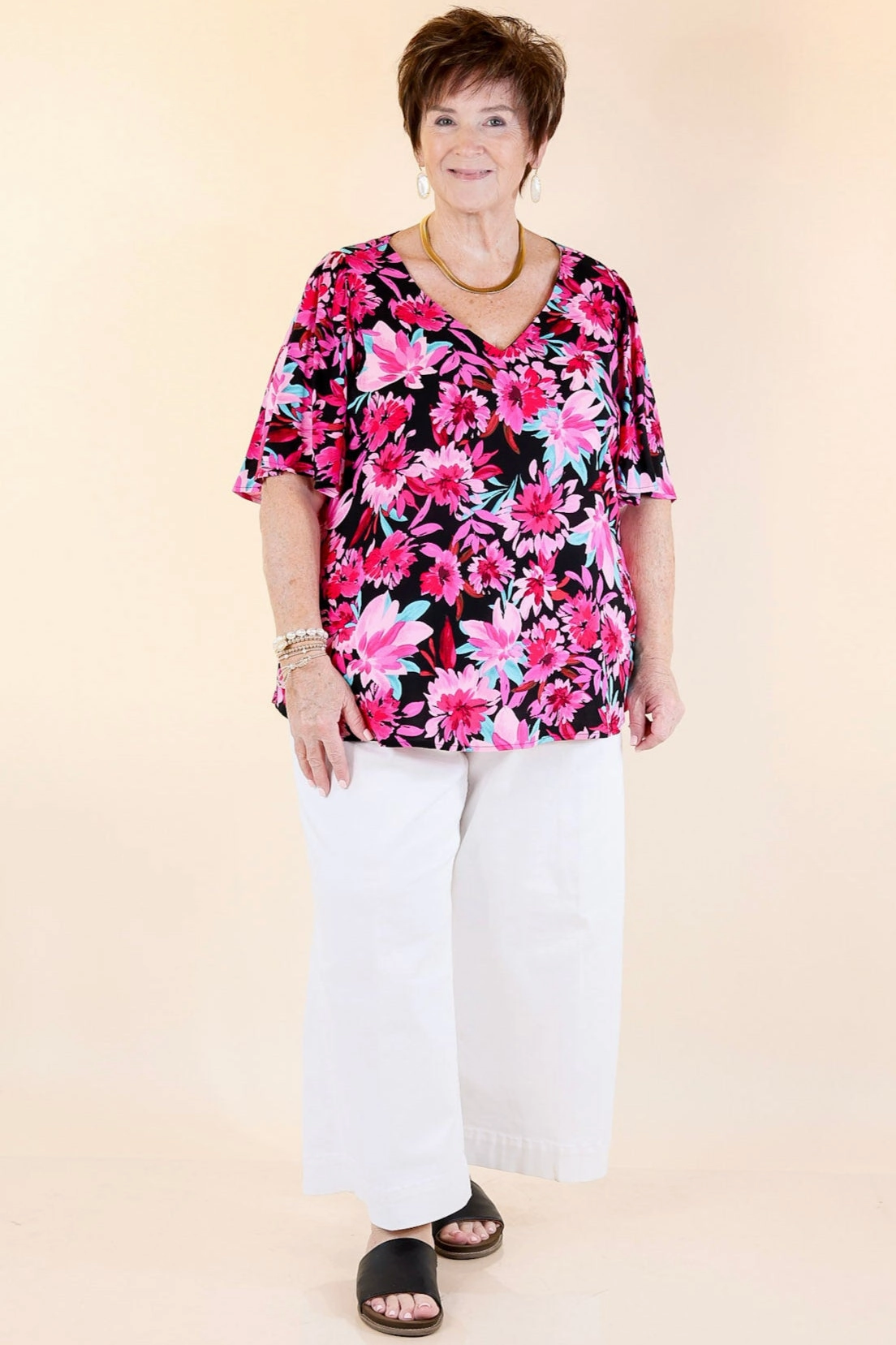 Coffee Run Giving You More Pink Floral Print V Neck Blouse in Black