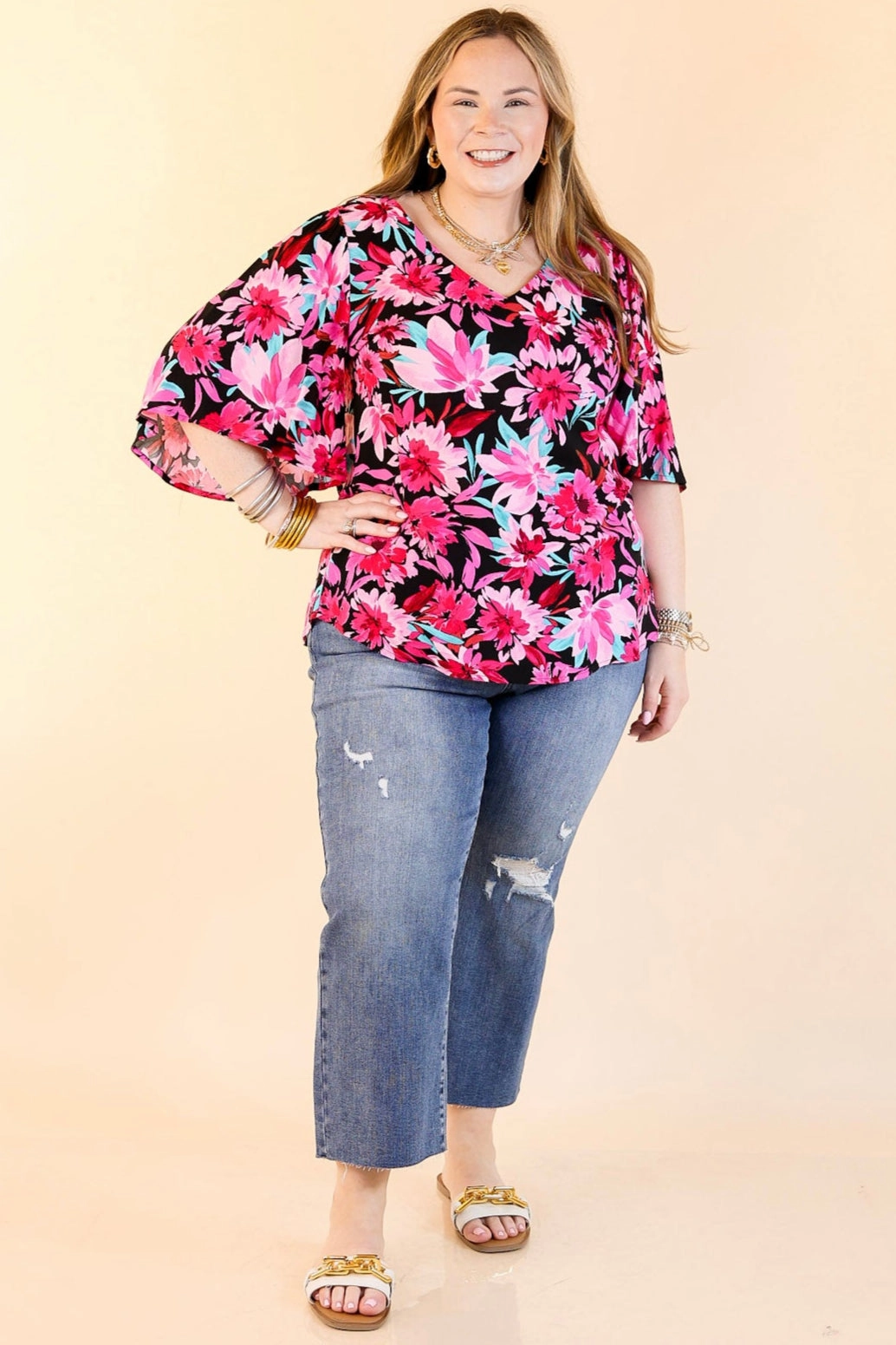 Evening Elegance Vibrant color Giving You More Pink Floral Print V Neck Blouse in Black